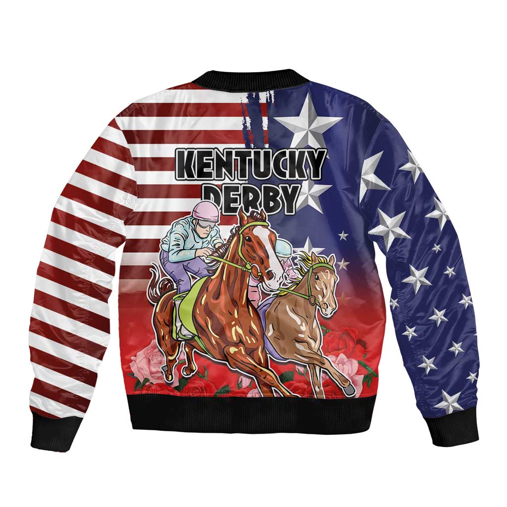 Kentucky Horses Racing Sleeve Zip Bomber Jacket Roses Road with US Flag Style