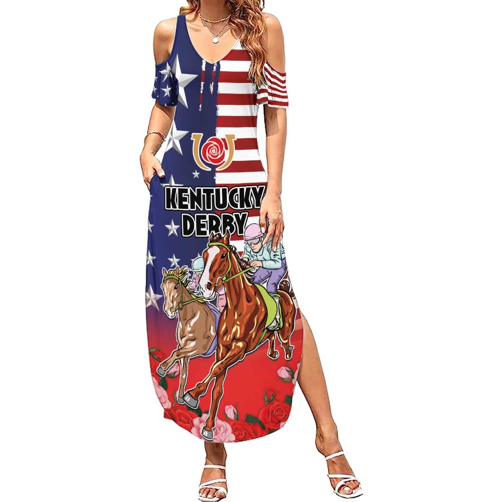 Kentucky Horses Racing Summer Maxi Dress Roses Road with US Flag Style