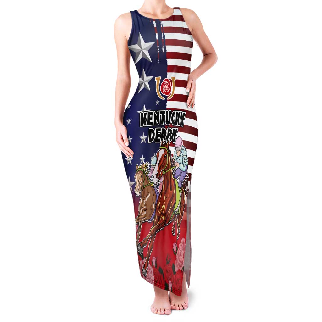 Kentucky Horses Racing Tank Maxi Dress Roses Road with US Flag Style