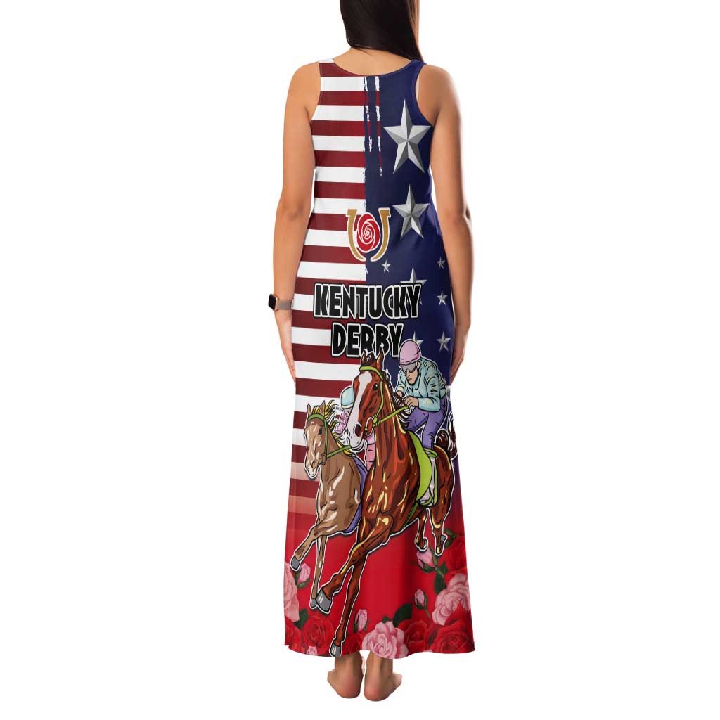 Kentucky Horses Racing Tank Maxi Dress Roses Road with US Flag Style