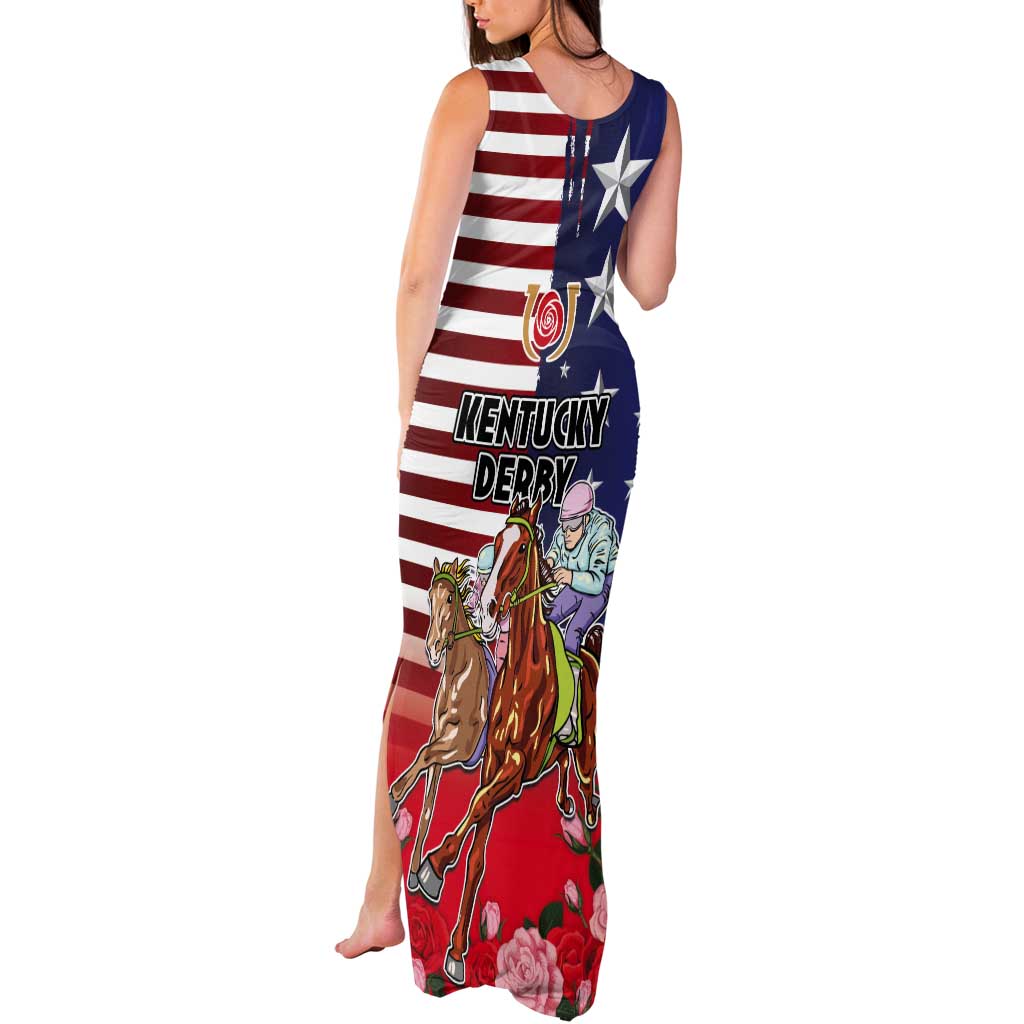 Kentucky Horses Racing Tank Maxi Dress Roses Road with US Flag Style