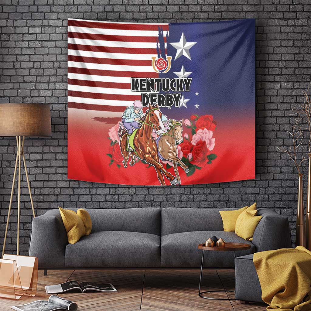 Kentucky Horses Racing Tapestry Roses Road with US Flag Style