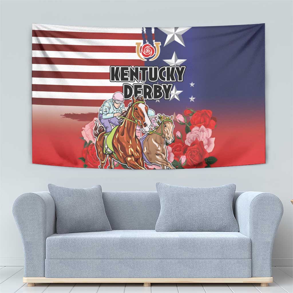 Kentucky Horses Racing Tapestry Roses Road with US Flag Style