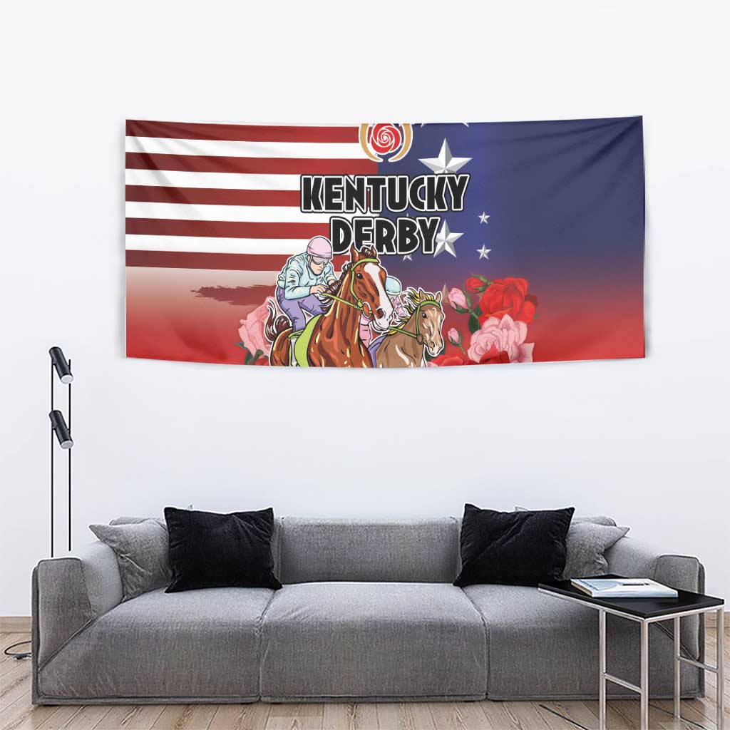 Kentucky Horses Racing Tapestry Roses Road with US Flag Style