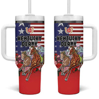 Kentucky Horses Racing Tumbler With Handle Roses Road with US Flag Style