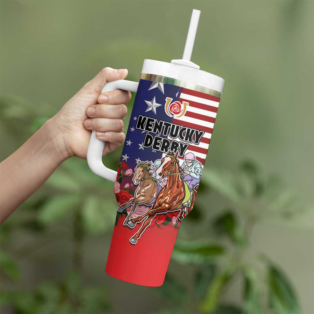 Kentucky Horses Racing Tumbler With Handle Roses Road with US Flag Style