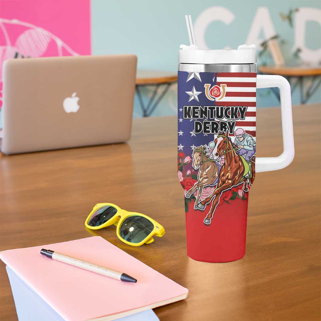 Kentucky Horses Racing Tumbler With Handle Roses Road with US Flag Style