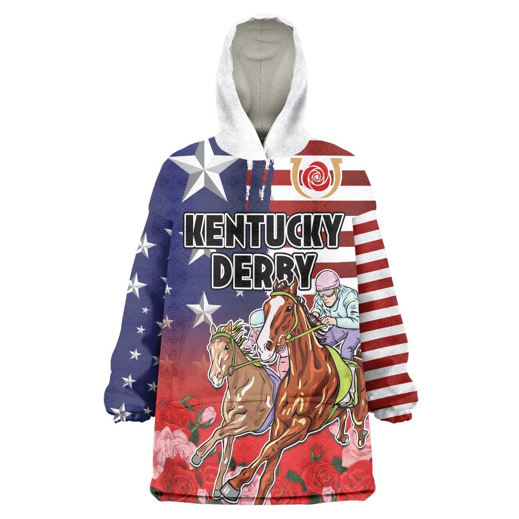 Kentucky Horses Racing Wearable Blanket Hoodie Roses Road with US Flag Style