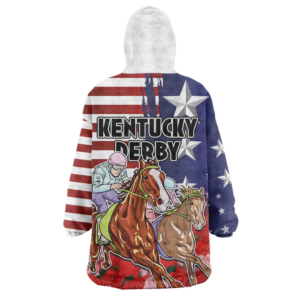 Kentucky Horses Racing Wearable Blanket Hoodie Roses Road with US Flag Style
