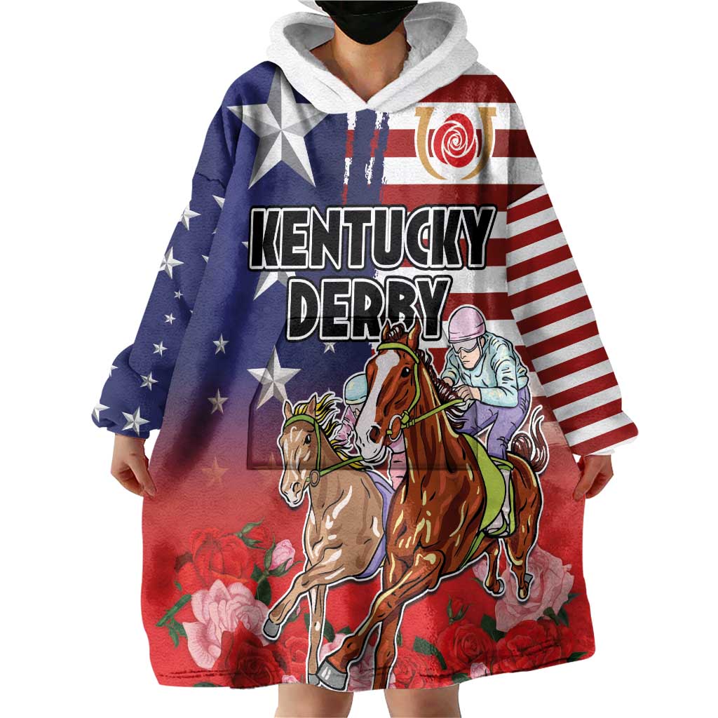 Kentucky Horses Racing Wearable Blanket Hoodie Roses Road with US Flag Style