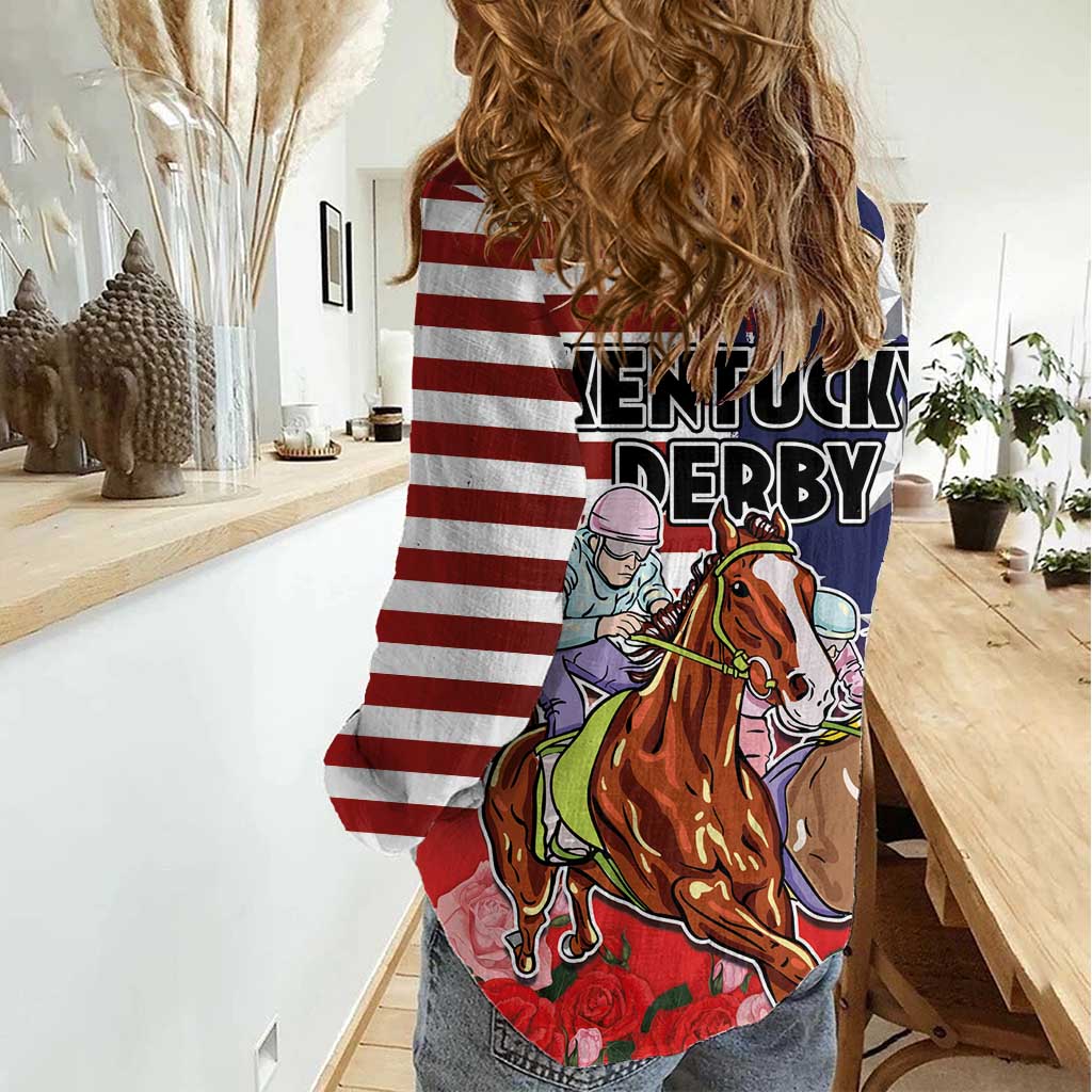 Kentucky Horses Racing Women Casual Shirt Roses Road with US Flag Style