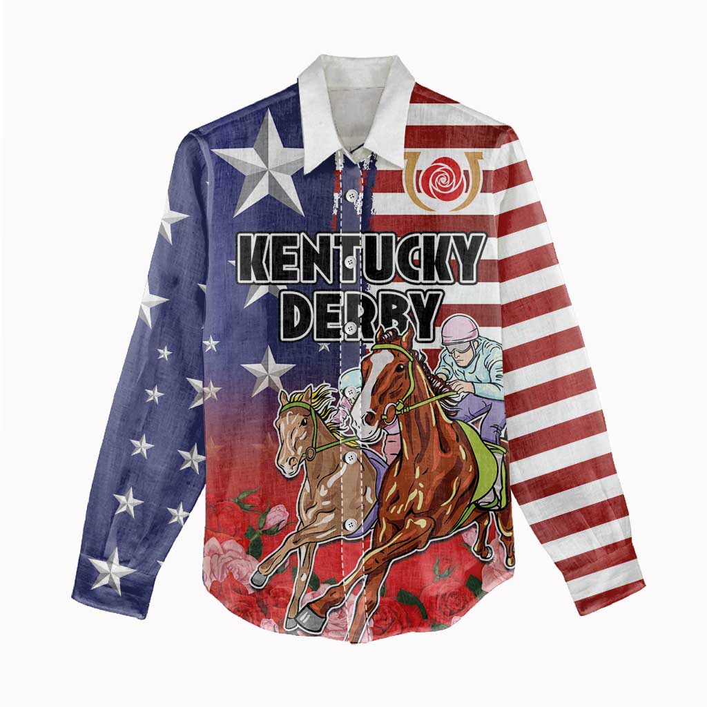 Kentucky Horses Racing Women Casual Shirt Roses Road with US Flag Style