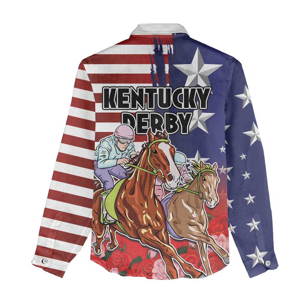 Kentucky Horses Racing Women Casual Shirt Roses Road with US Flag Style