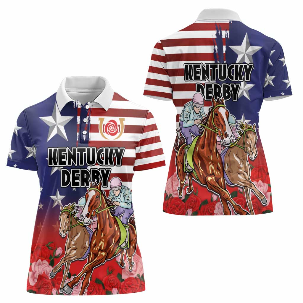 Kentucky Horses Racing Women Polo Shirt Roses Road with US Flag Style