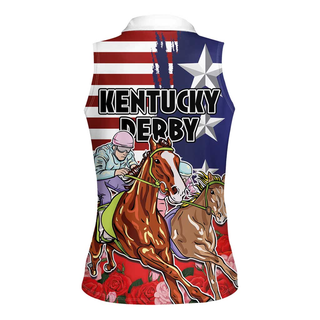 Kentucky Horses Racing Women Sleeveless Polo Shirt Roses Road with US Flag Style