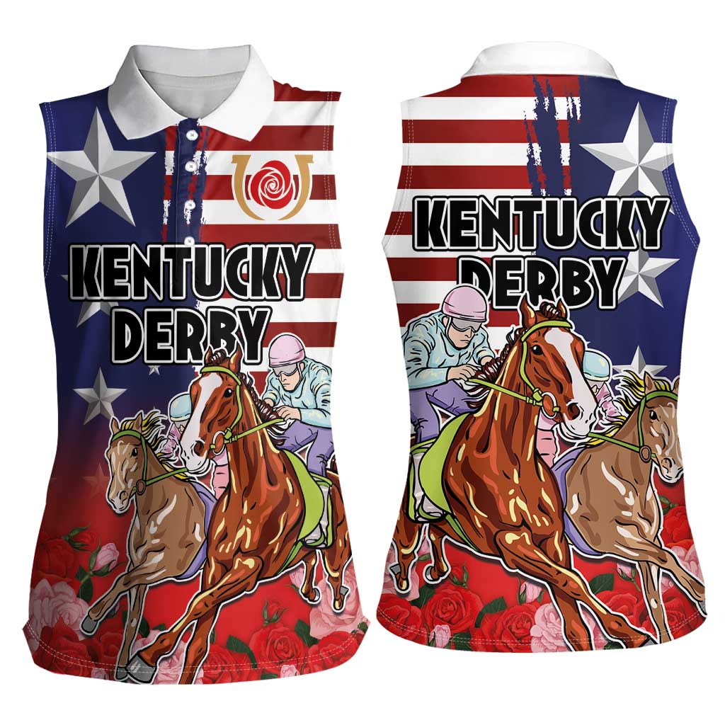 Kentucky Horses Racing Women Sleeveless Polo Shirt Roses Road with US Flag Style