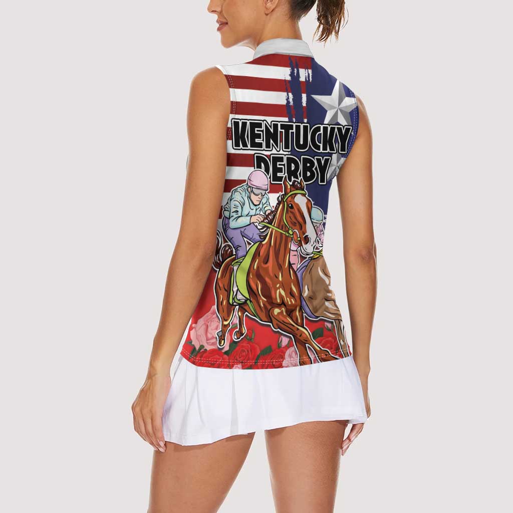 Kentucky Horses Racing Women Sleeveless Polo Shirt Roses Road with US Flag Style