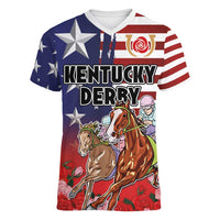 Kentucky Horses Racing Women V-Neck T-Shirt Roses Road with US Flag Style