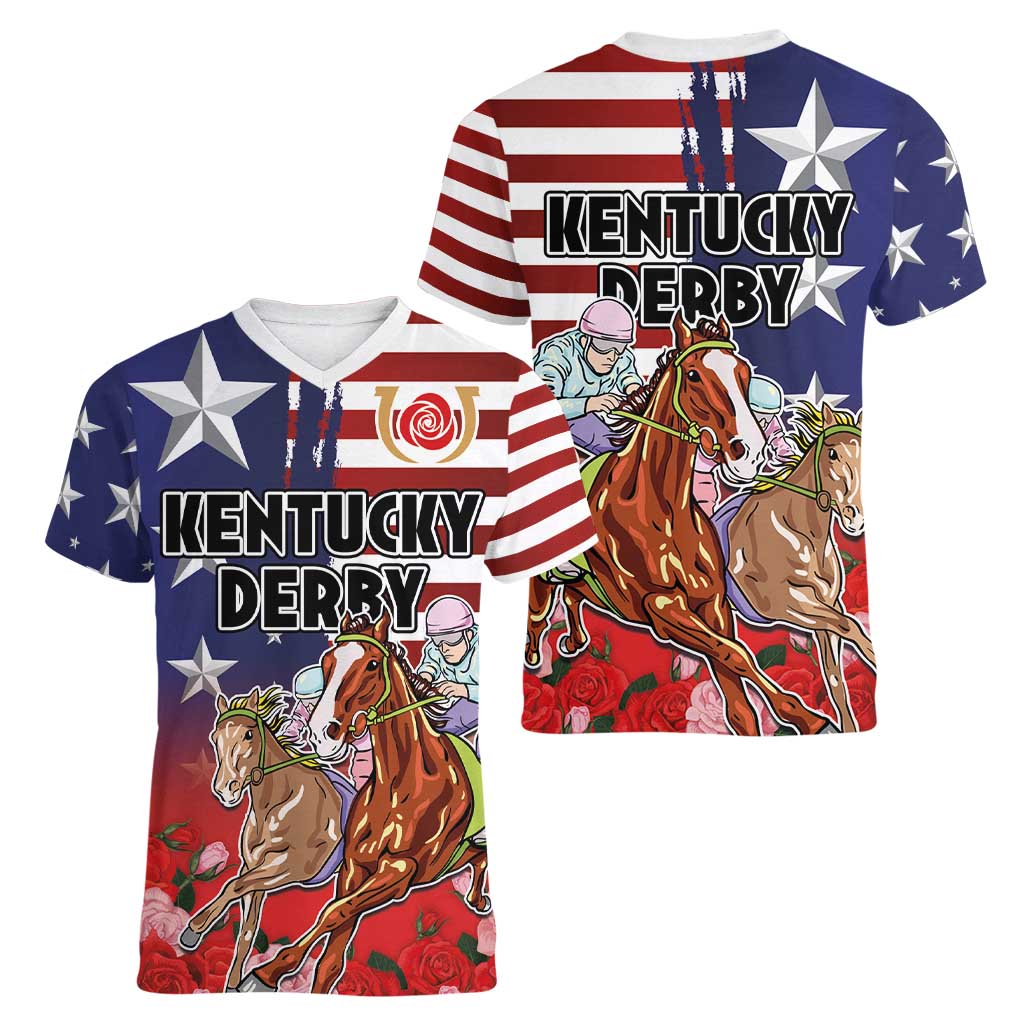Kentucky Horses Racing Women V-Neck T-Shirt Roses Road with US Flag Style