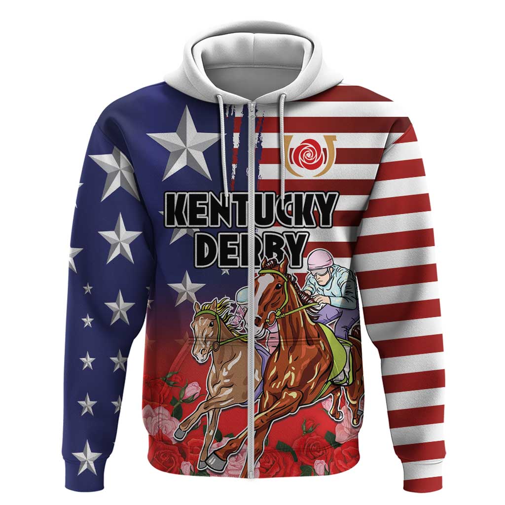 Kentucky Horses Racing Zip Hoodie Roses Road with US Flag Style
