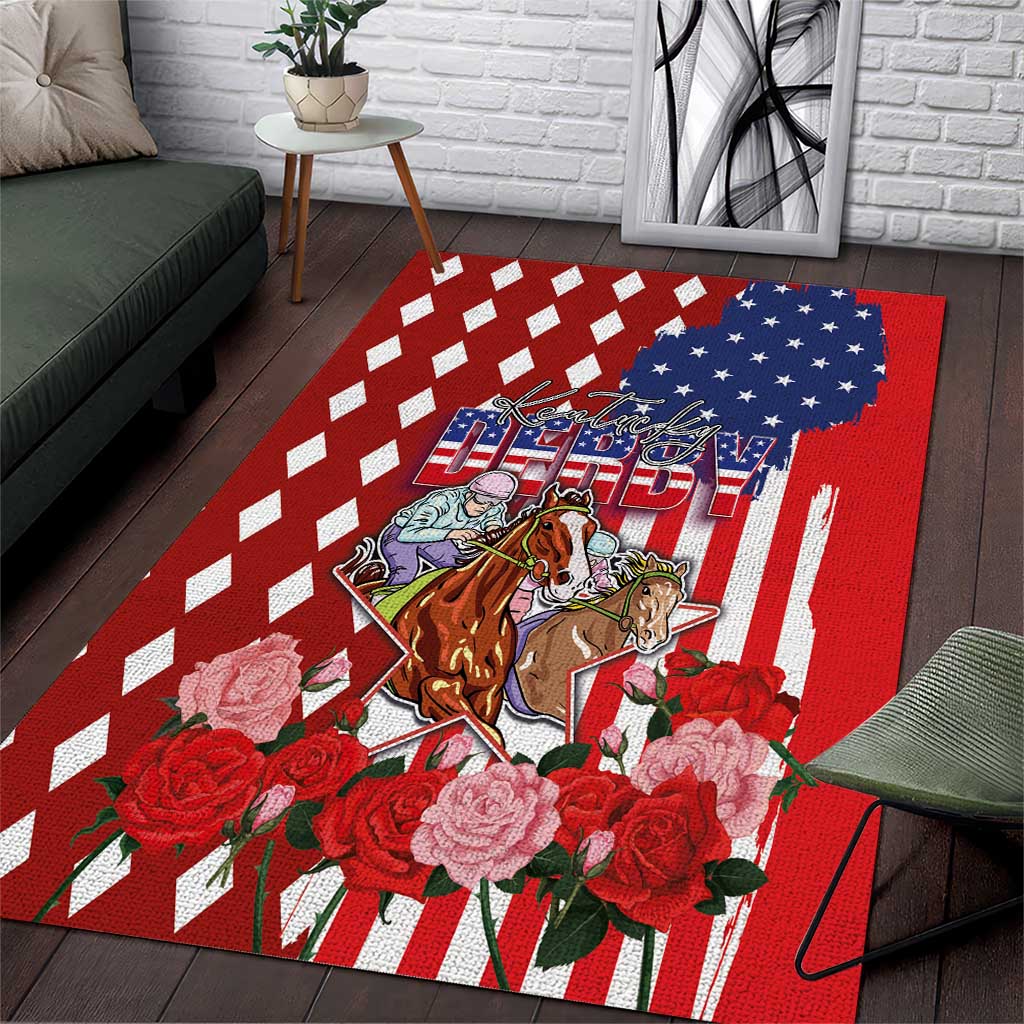 Kentucky Horses Racing Area Rug US Flag Grunge and Diamond Pattern Red Color
