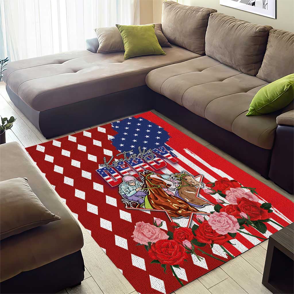 Kentucky Horses Racing Area Rug US Flag Grunge and Diamond Pattern Red Color