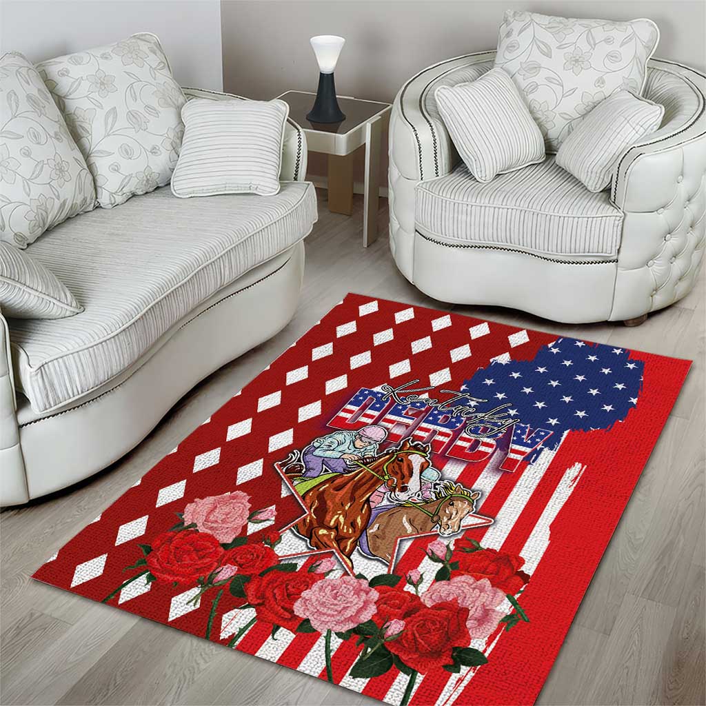 Kentucky Horses Racing Area Rug US Flag Grunge and Diamond Pattern Red Color