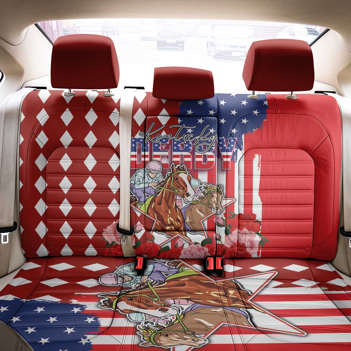 Kentucky Horses Racing Back Car Seat Cover US Flag Grunge and Diamond Pattern Red Color