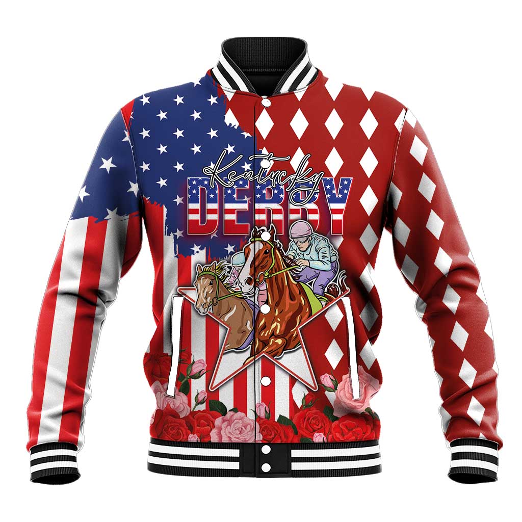 Kentucky Horses Racing Baseball Jacket US Flag Grunge and Diamond Pattern Red Color