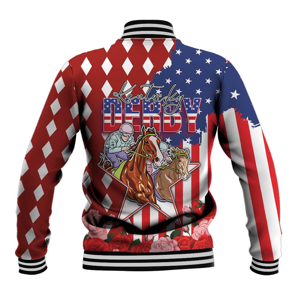 Kentucky Horses Racing Baseball Jacket US Flag Grunge and Diamond Pattern Red Color