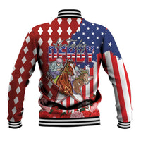 Kentucky Horses Racing Baseball Jacket US Flag Grunge and Diamond Pattern Red Color