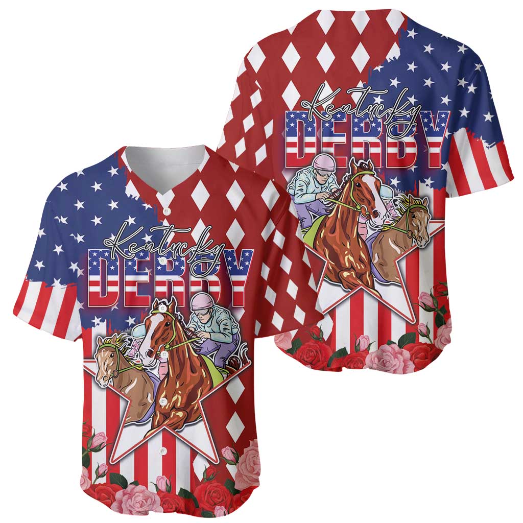 Kentucky Horses Racing Baseball Jersey US Flag Grunge and Diamond Pattern Red Color