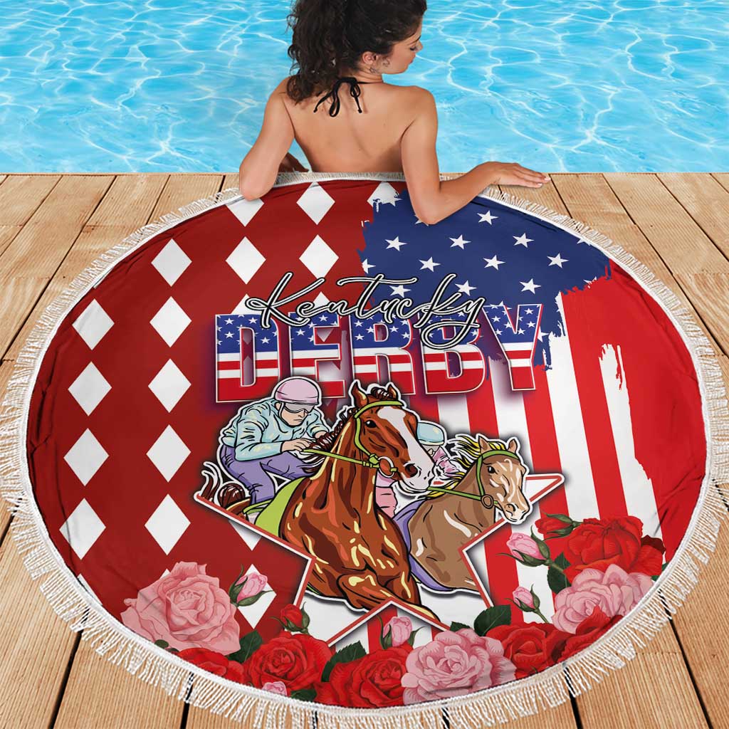 Kentucky Horses Racing Beach Blanket US Flag Grunge and Diamond Pattern Red Color