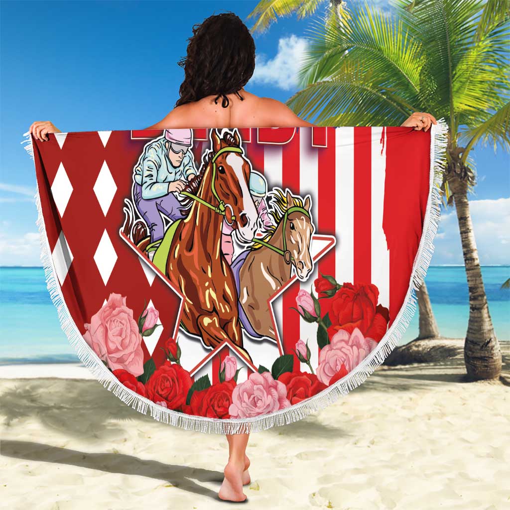 Kentucky Horses Racing Beach Blanket US Flag Grunge and Diamond Pattern Red Color