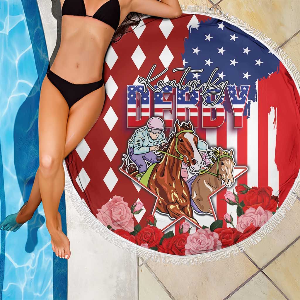 Kentucky Horses Racing Beach Blanket US Flag Grunge and Diamond Pattern Red Color
