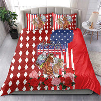 Kentucky Horses Racing Bedding Set US Flag Grunge and Diamond Pattern Red Color
