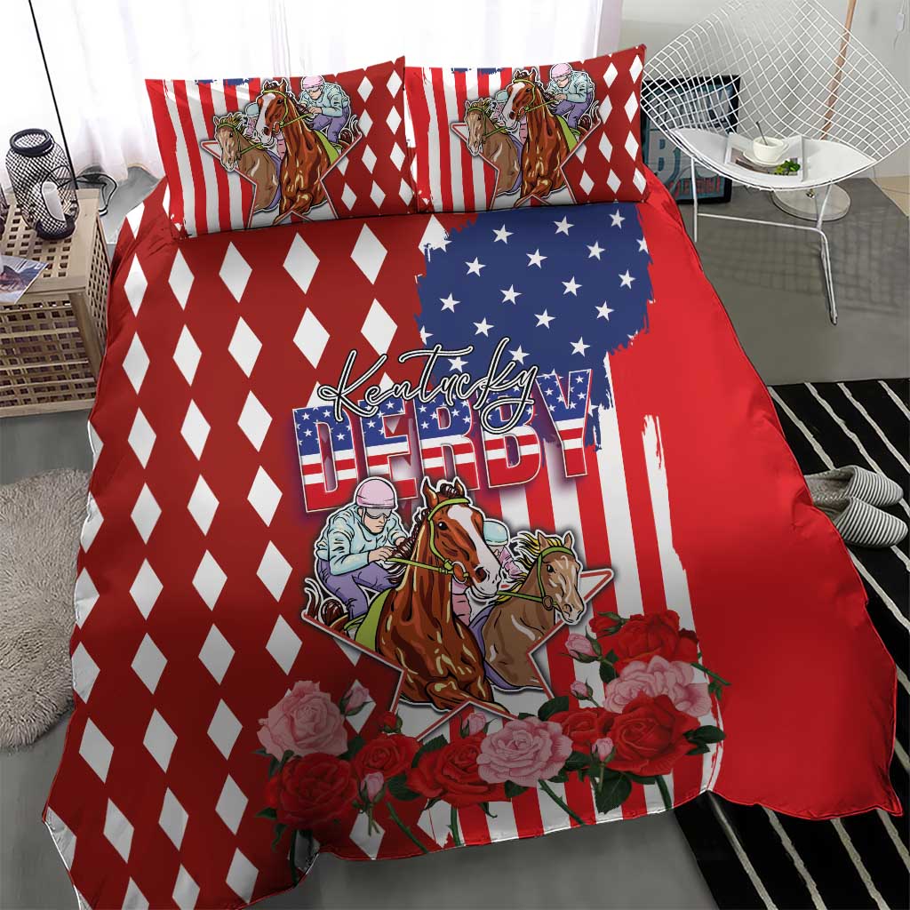 Kentucky Horses Racing Bedding Set US Flag Grunge and Diamond Pattern Red Color