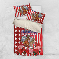 Kentucky Horses Racing Bedding Set US Flag Grunge and Diamond Pattern Red Color