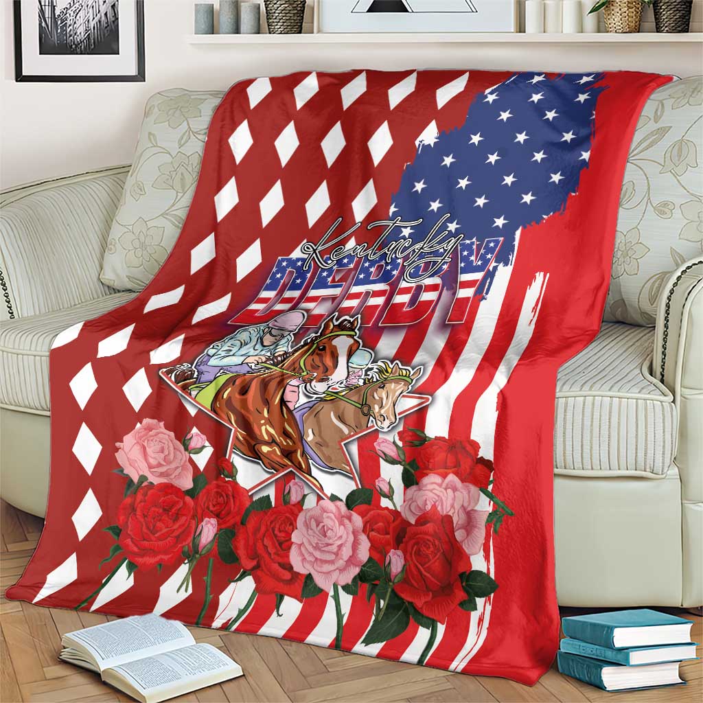 Kentucky Horses Racing Blanket US Flag Grunge and Diamond Pattern Red Color