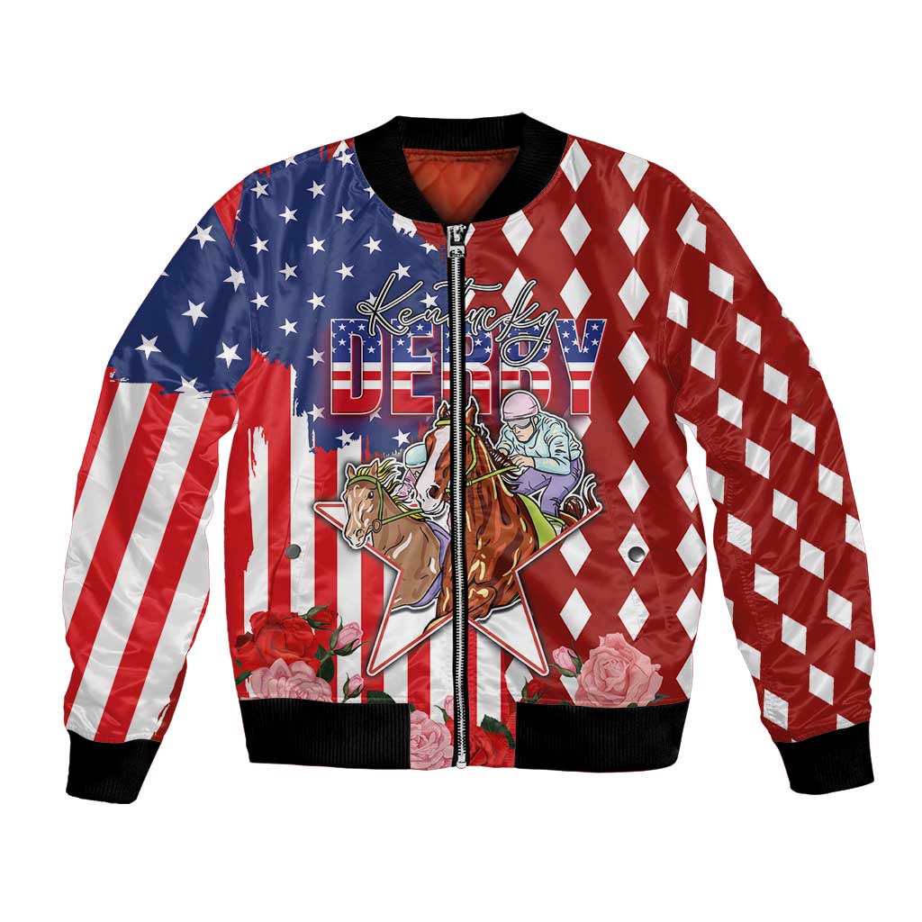 Kentucky Horses Racing Bomber Jacket US Flag Grunge and Diamond Pattern Red Color