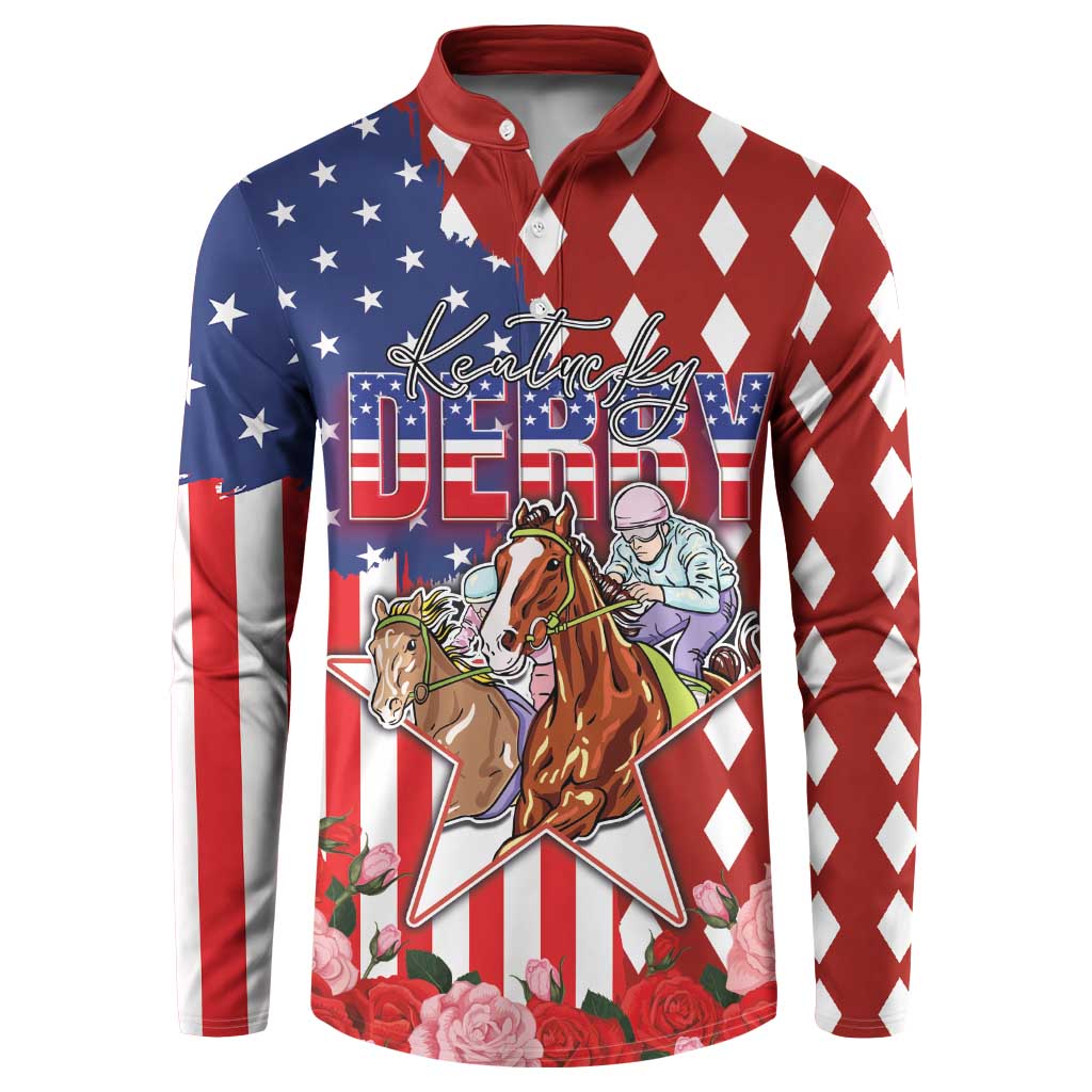 Kentucky Horses Racing Button Sweatshirt US Flag Grunge and Diamond Pattern Red Color