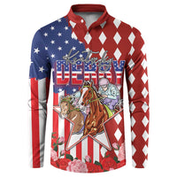 Kentucky Horses Racing Button Sweatshirt US Flag Grunge and Diamond Pattern Red Color