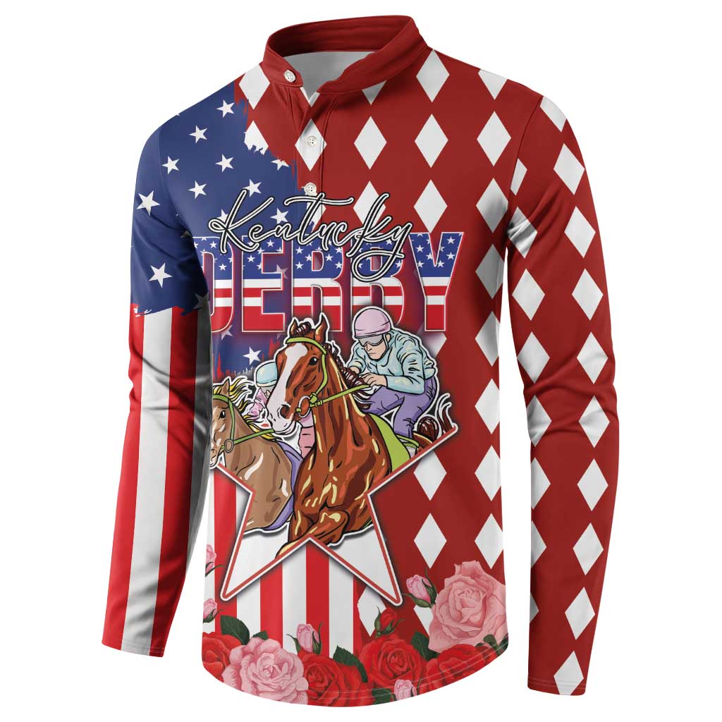 Kentucky Horses Racing Button Sweatshirt US Flag Grunge and Diamond Pattern Red Color