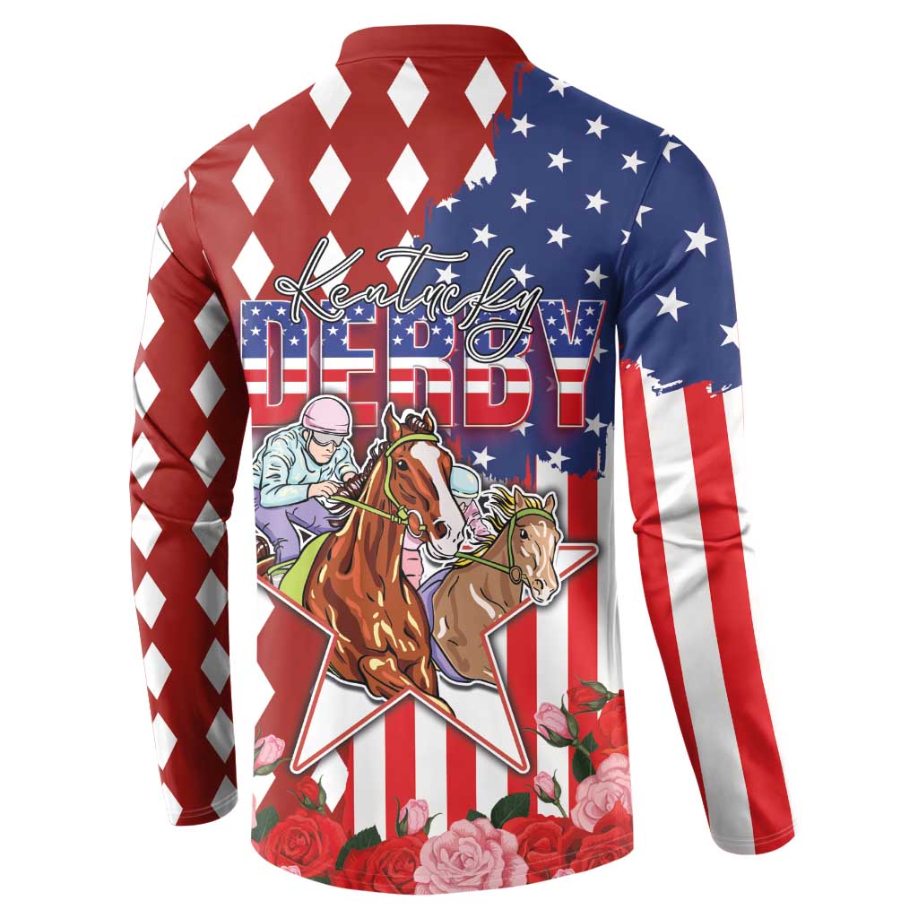 Kentucky Horses Racing Button Sweatshirt US Flag Grunge and Diamond Pattern Red Color