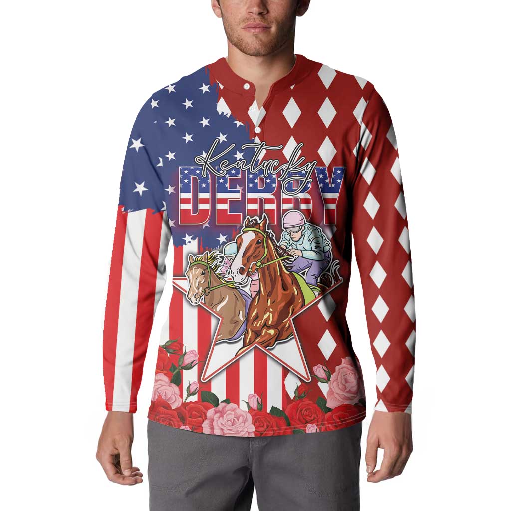 Kentucky Horses Racing Button Sweatshirt US Flag Grunge and Diamond Pattern Red Color