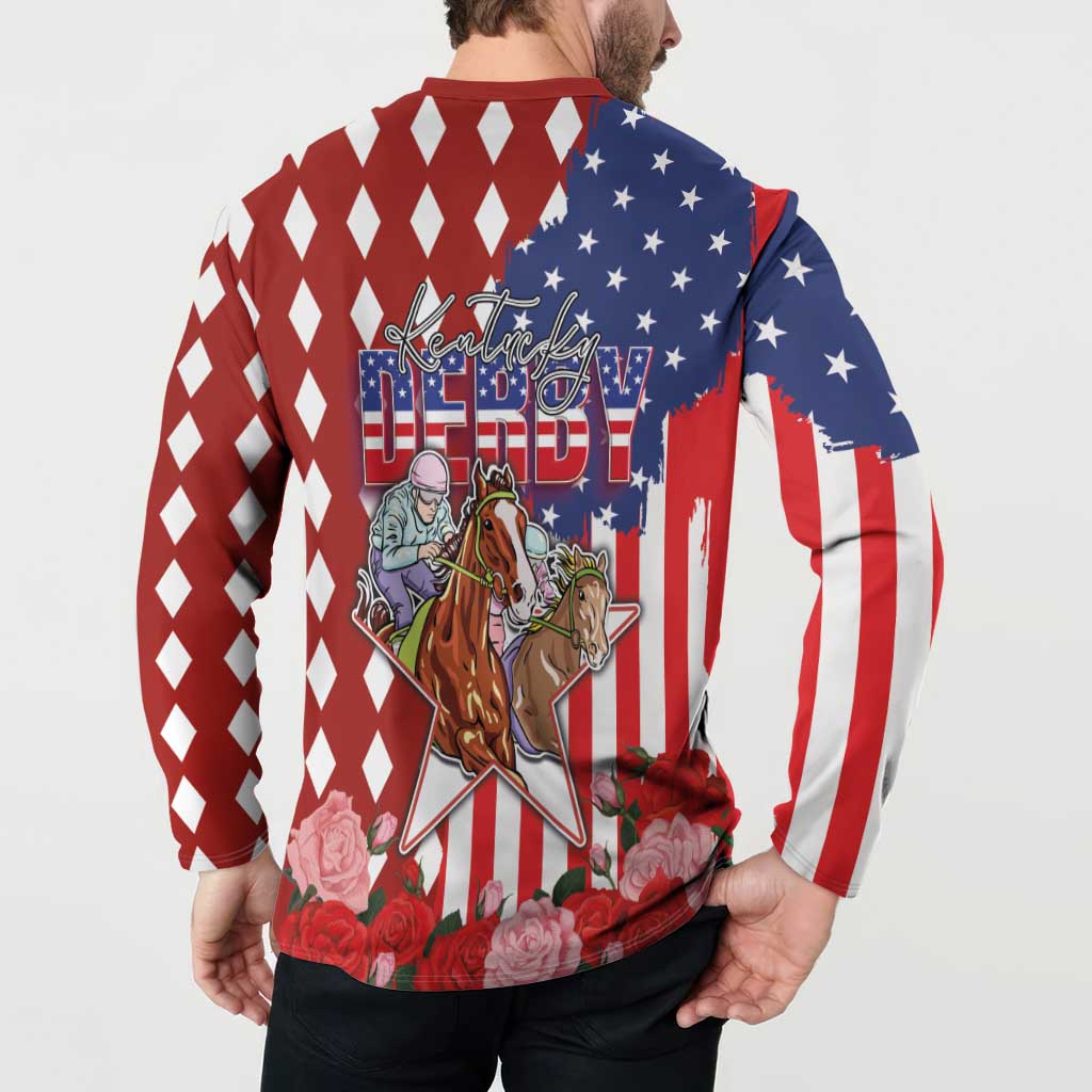 Kentucky Horses Racing Button Sweatshirt US Flag Grunge and Diamond Pattern Red Color