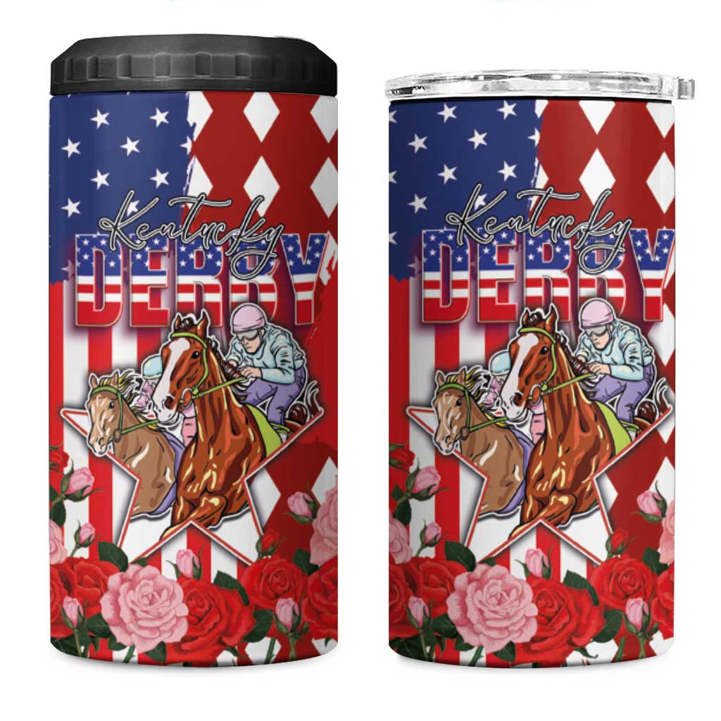 Kentucky Horses Racing 4 in 1 Can Cooler Tumbler US Flag Grunge and Diamond Pattern Red Color
