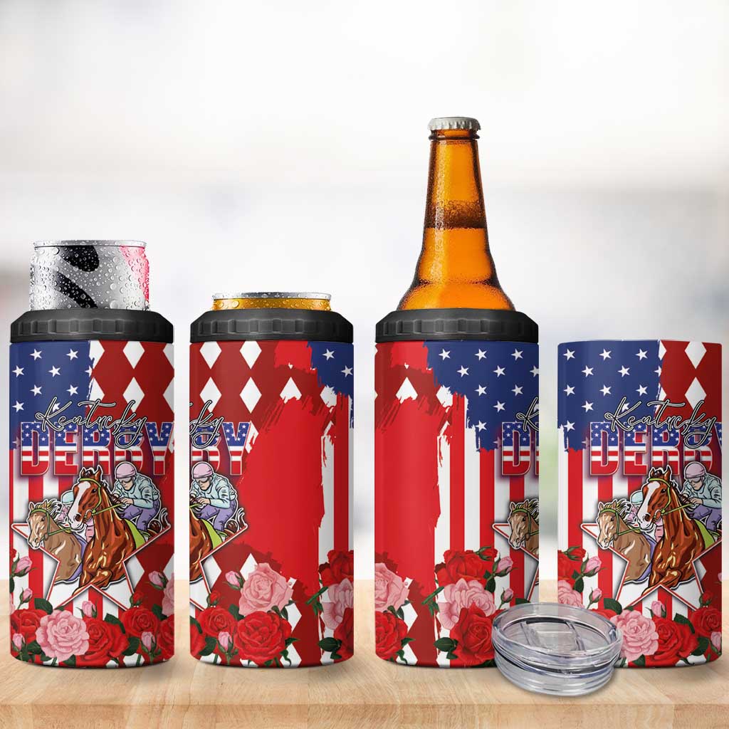 Kentucky Horses Racing 4 in 1 Can Cooler Tumbler US Flag Grunge and Diamond Pattern Red Color
