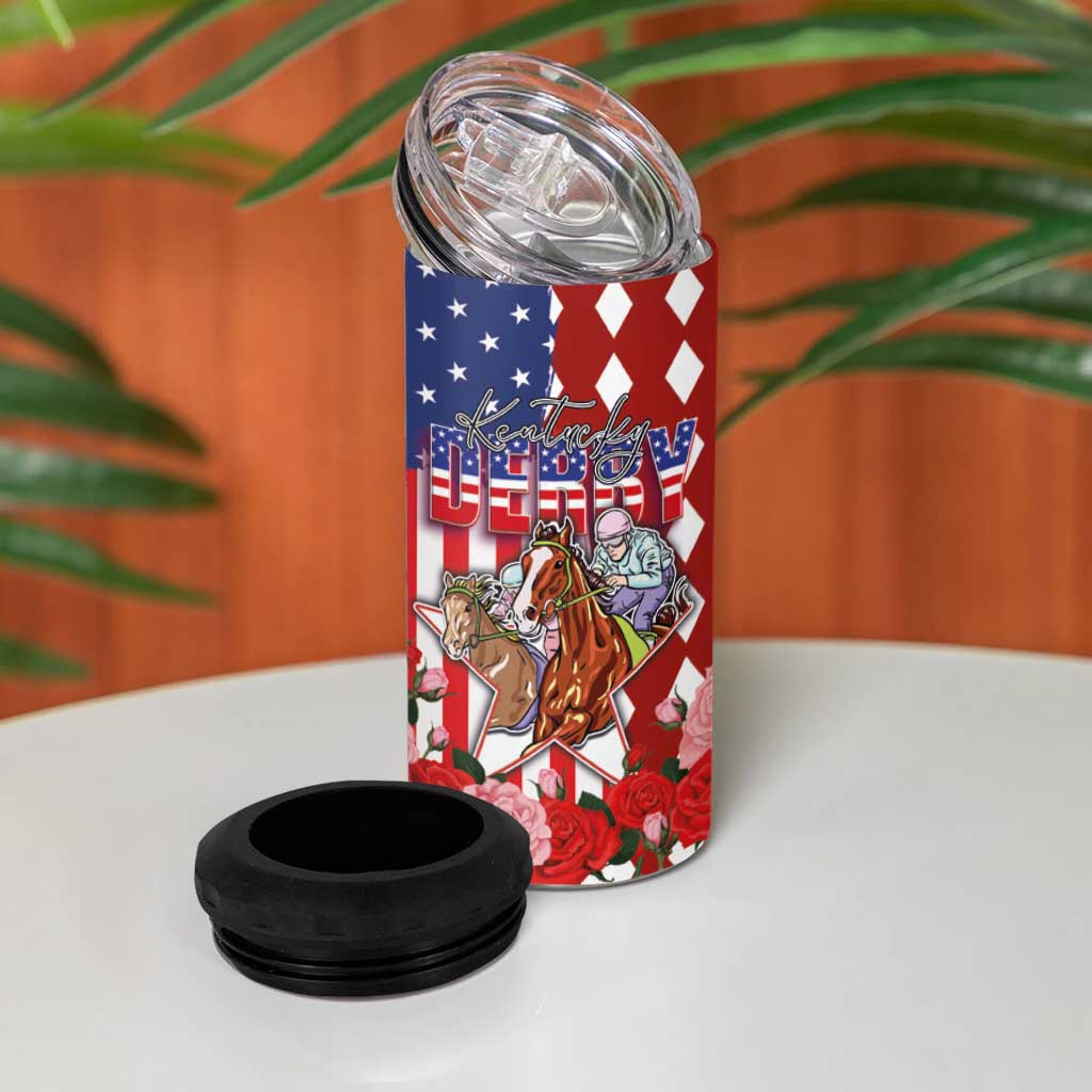 Kentucky Horses Racing 4 in 1 Can Cooler Tumbler US Flag Grunge and Diamond Pattern Red Color