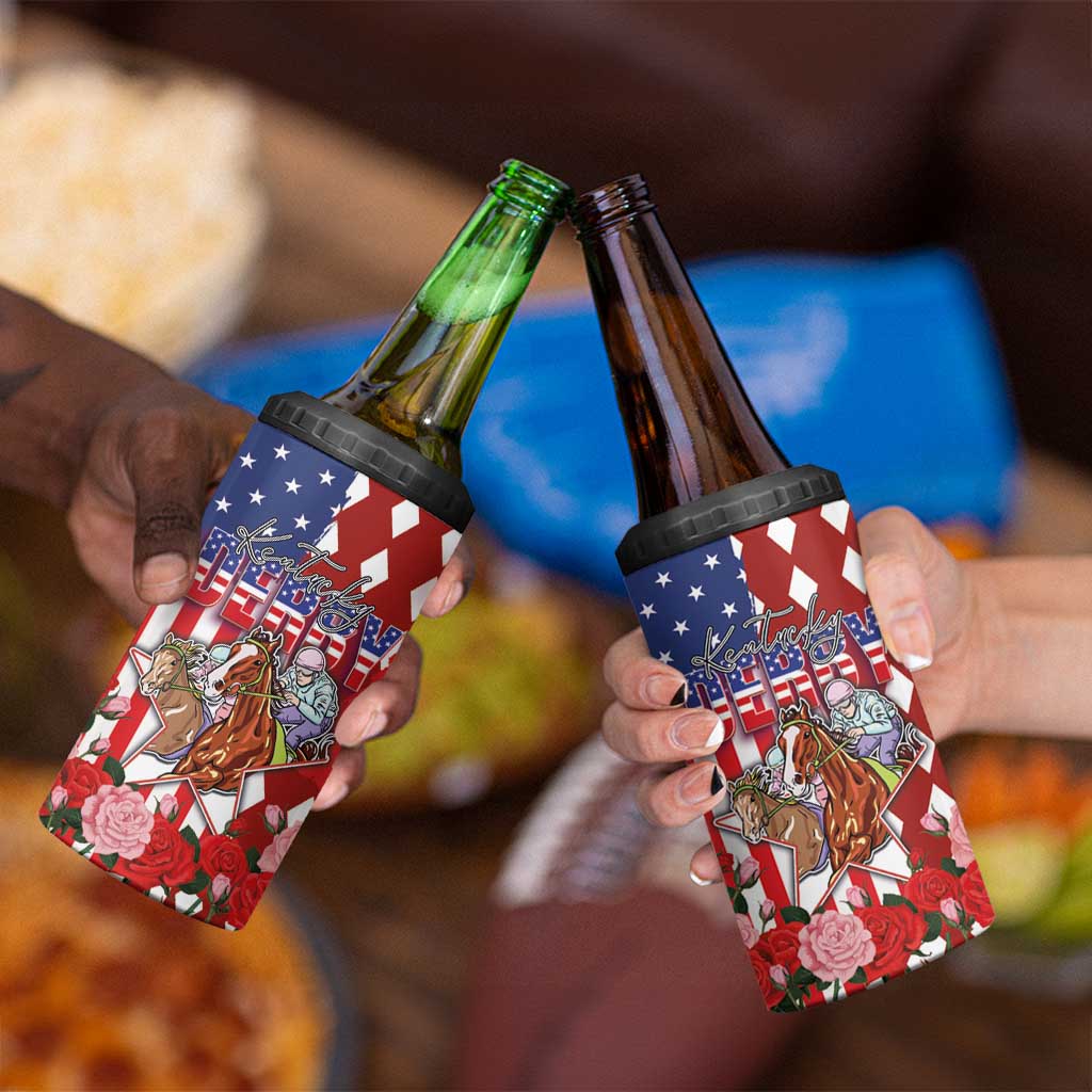 Kentucky Horses Racing 4 in 1 Can Cooler Tumbler US Flag Grunge and Diamond Pattern Red Color